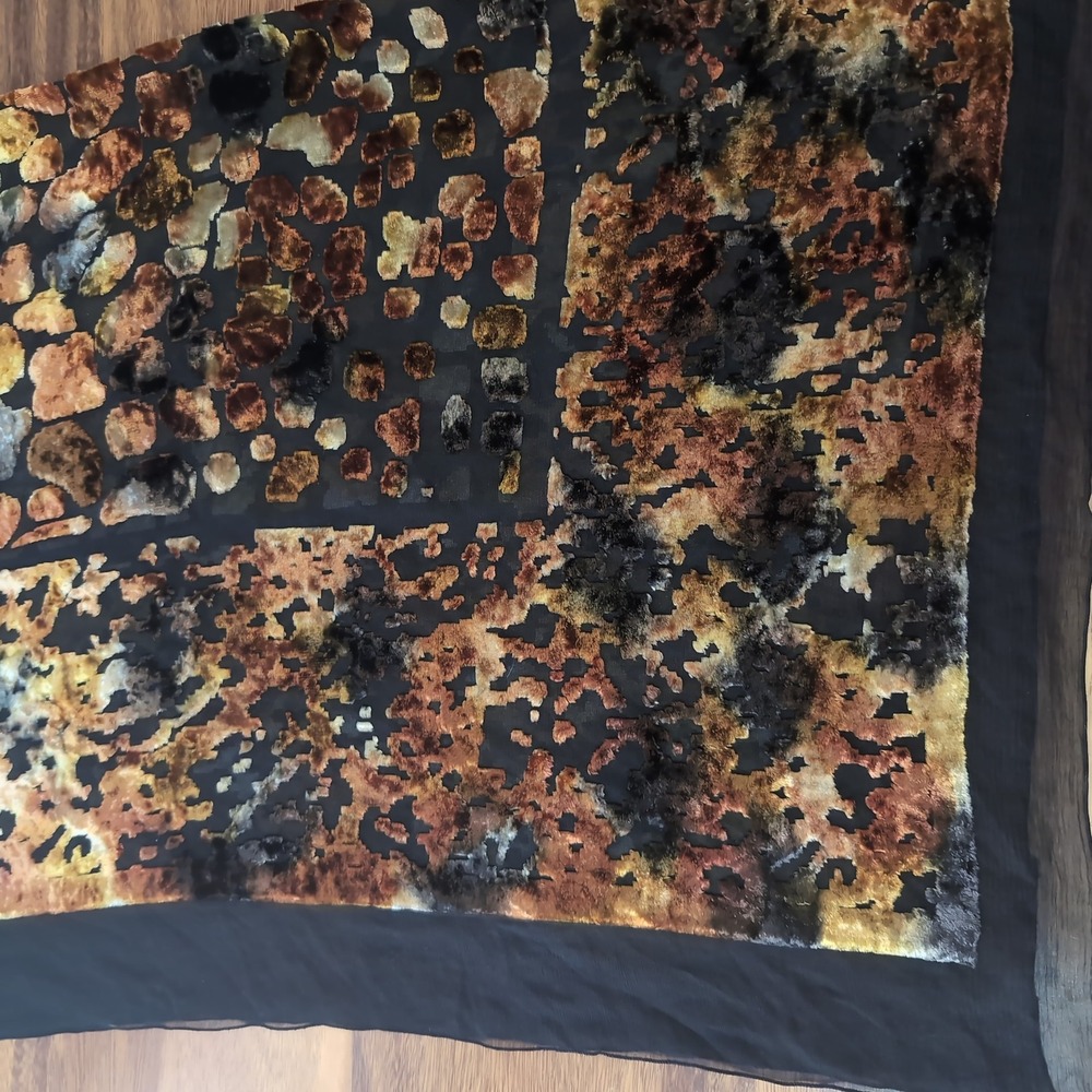 Vintage Velvet Burnout Scarf Black Sheer Chiffon Devore Abstract Gold Rust 20x64